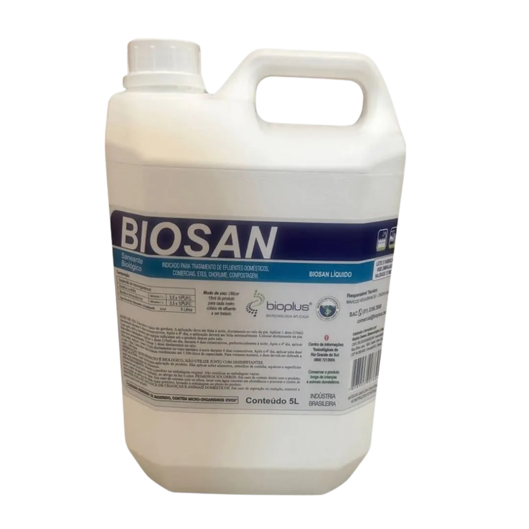 Galão de 5 litros do Biosan Líquido, saneante biológico da Bioplus