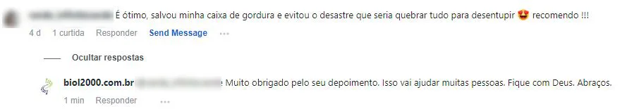 Comentário no Instagram: o produto salvou a caixa de gordura e evitou quebrar tudo para desentupir.