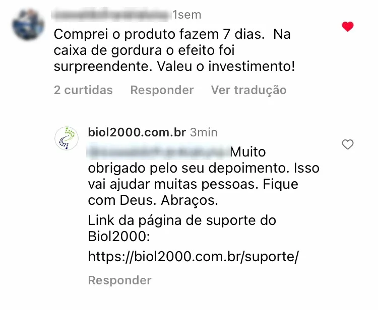 Comentário no Instagram: em 7 dias o efeito na caixa de gordura foi surpreendente e valeu o investimento.