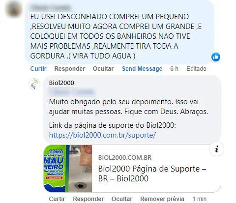 Comentário no Facebook: cliente testou o pacote pequeno, resolveu e comprou um grande para todos os banheiros.