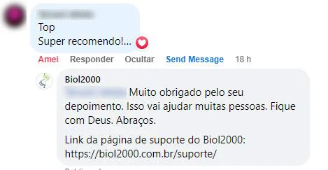 Comentário no Facebook: cliente acha o Biol2000 top e super recomenda.