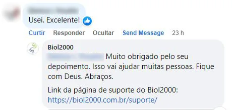 Comentário no Facebook: cliente usou o Biol2000 e achou excelente.