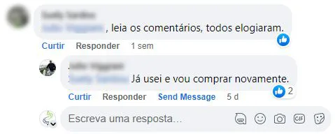 Comentário no Facebook: o cliente conta que já usou o produto e vai comprar de novo.