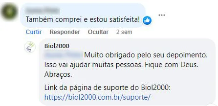 Comentário no Facebook: cliente comprou o Biol2000 e está satisfeita.