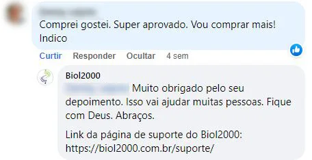 Comentário no Facebook: cliente aprovou o produto, vai comprar mais e indica.