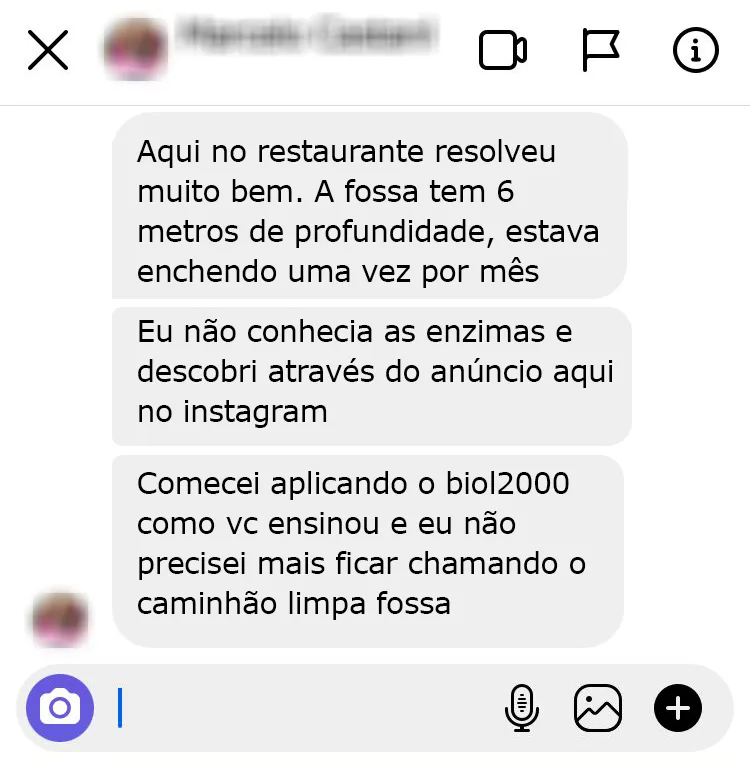 Mensagem no Instagram: a fossa do restaurante enchia todo mês e não precisou mais do caminhão.