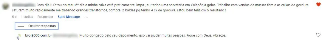 Comentário no Instagram: dona de sorveteria diz que no 6º dia a caixa de gordura já estava praticamente limpa.