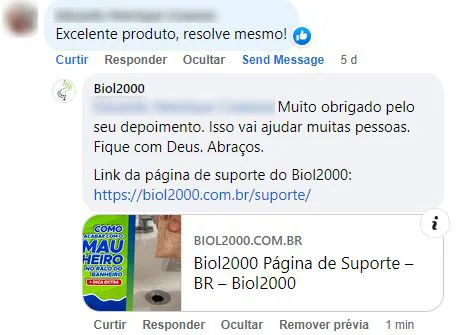 Comentário no Facebook: cliente elogia o produto e diz que resolve mesmo.