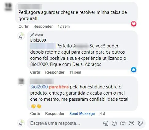 Comentário no Facebook: a cliente recebeu o produto e diz que acabou com o mau cheiro da caixa de gordura.