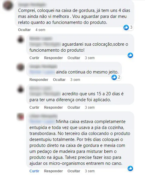Comentário no Facebook: caixa de gordura entupida que transbordava desentupiu no terceiro dia de uso.