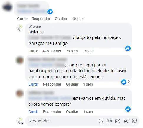Comentário no Facebook: cliente usou na hamburgueria, teve resultado excelente e vai comprar de novo.