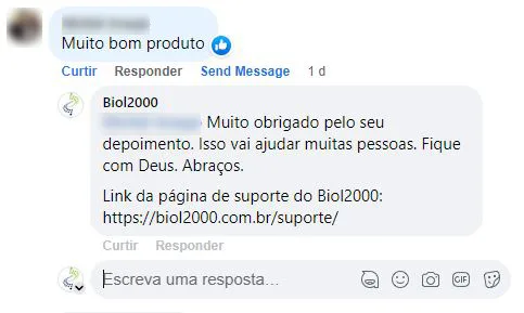 Comentário no Facebook: cliente diz que é um produto muito bom.