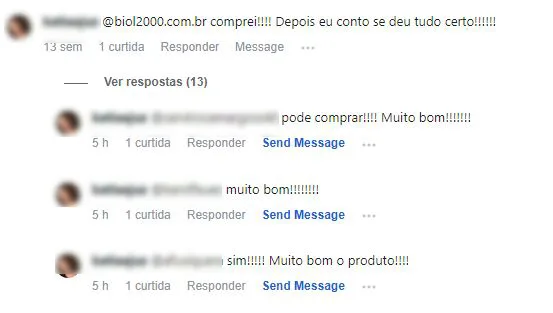 Comentário no Instagram: depois de usar, a cliente respondeu a várias pessoas que o produto é muito bom.