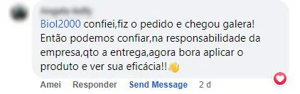 Comentário no Facebook: cliente confirma que o pedido do Biol2000 chegou e que dá para confiar na entrega.