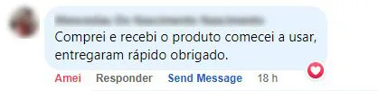 Comentário no Facebook: o cliente recebeu o produto rápido e já começou a usar.