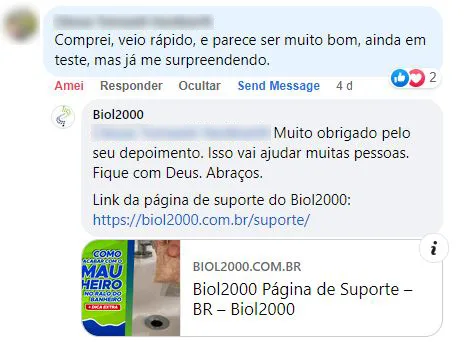 Comentário no Facebook: cliente recebeu rápido e, ainda em teste, já está se surpreendendo com o produto.