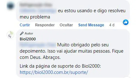 Comentário no Facebook: cliente está usando e diz que o produto resolveu o problema.