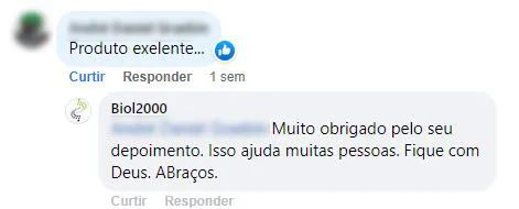Comentário no Facebook: o cliente classifica o Biol2000 como produto excelente.