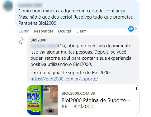 Comentário no Facebook: cliente comprou desconfiado e diz que o produto resolveu tudo o que prometeu.