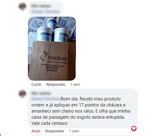 Comentário no Facebook: aplicou em 17 pontos da chácara e no dia seguinte os ralos estavam sem cheiro.