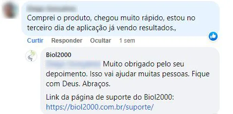 Comentário no Facebook: o produto chegou muito rápido e no terceiro dia de uso já mostrava resultado.