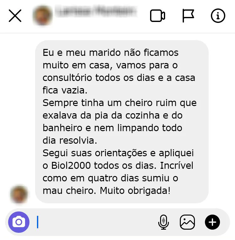 Mensagem no Instagram: o mau cheiro da pia da cozinha e do banheiro sumiu em quatro dias.