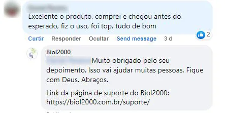 Comentário no Facebook: o produto chegou antes do esperado e o resultado do uso foi ótimo.