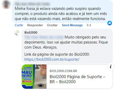 Comentário no Facebook: a fossa que vazava pelo suspiro parou de vazar há um mês.