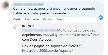 Comentário no Facebook: cliente usou o produto e já encomendou o segundo balde para manutenção preventiva.