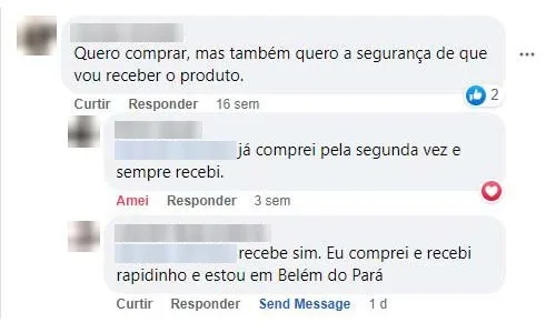 Comentários no Facebook: clientes confirmam que receberam o pedido, uma delas rapidinho em Belém do Pará.