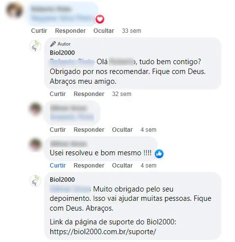 Comentário no Facebook: cliente usou o Biol2000 e diz que resolveu.