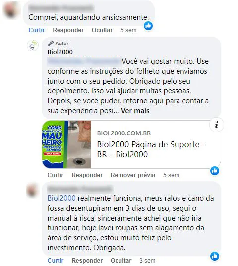 Comentário no Facebook: os ralos e o cano da fossa desentupiram em 3 dias e a área de serviço parou de alagar.