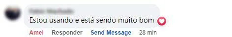 Comentário no Facebook: o cliente está usando o produto e diz que está sendo muito bom.