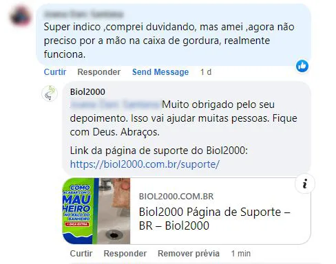 Comentário no Facebook: a cliente comprou duvidando e agora não precisa mais pôr a mão na caixa de gordura.
