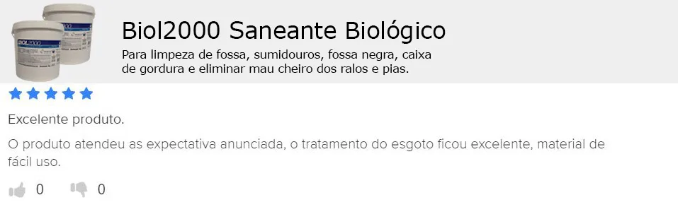 Avaliação na plataforma: cliente diz que o tratamento do esgoto ficou excelente e o produto é fácil de usar.