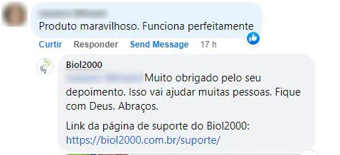 Comentário no Facebook: cliente diz que o produto é maravilhoso e funciona perfeitamente.
