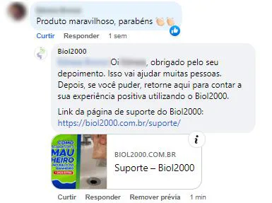 Comentário no Facebook: cliente elogia o Biol2000 como produto maravilhoso.