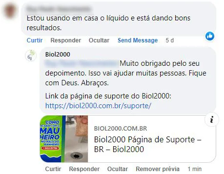 Comentário no Facebook: cliente usa o Biol2000 líquido em casa e relata bons resultados.