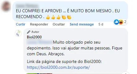 Comentário no Facebook: cliente comprou, aprovou e recomenda o Biol2000.