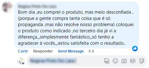 Comentário no Facebook: cliente desconfiada aplicou o Biol2000 como indicado e viu diferença no terceiro dia.