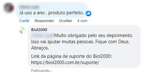 Comentário no Facebook: cliente usa o Biol2000 há um ano e diz que o produto é perfeito.