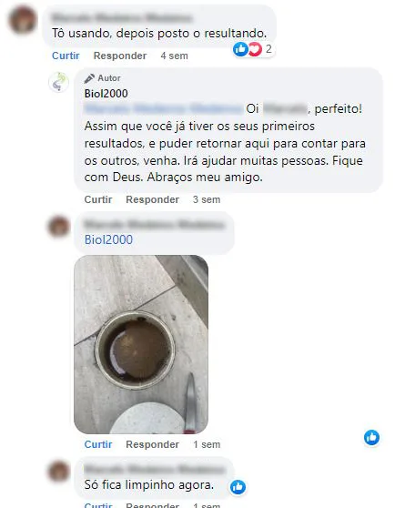 Comentário no Facebook com foto: o cliente mostra o ralo que agora só fica limpinho.