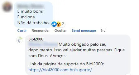 Comentário no Facebook: cliente diz que o Biol2000 funciona e não dá trabalho.