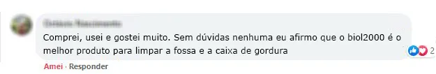 Comentário no Facebook: o cliente afirma que é o melhor produto para fossa e caixa de gordura.
