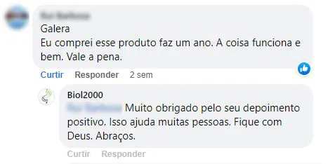 Comentário no Facebook: o cliente comprou há um ano e diz que funciona e vale a pena.
