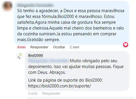 Comentário no Facebook: a caixa de gordura fica limpa e o mau cheiro dos banheiros e do ralo da cozinha sumiu.