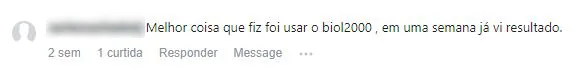 Comentário no Facebook: cliente diz que usar o Biol2000 foi a melhor coisa e viu resultado em uma semana.