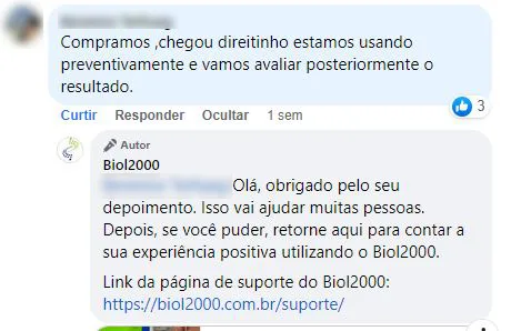Comentário no Facebook: cliente recebeu o pedido certinho e usa o produto de forma preventiva.