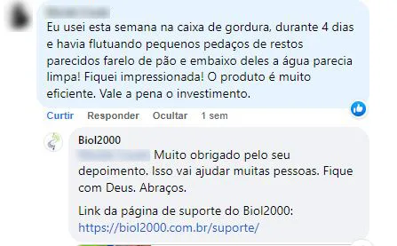 Comentário no Facebook: em 4 dias na caixa de gordura, a água ficou com aparência limpa e a cliente se impressionou.