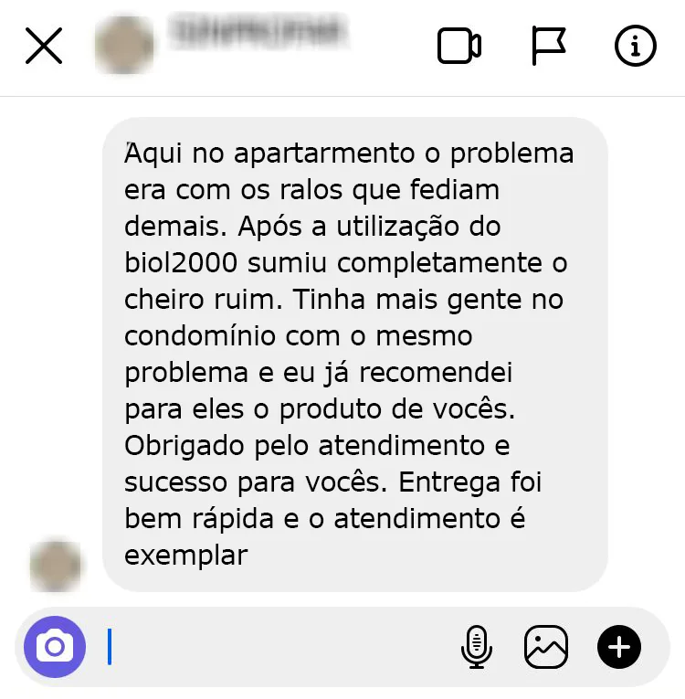 Mensagem no Instagram: o cheiro ruim dos ralos do apartamento sumiu completamente.